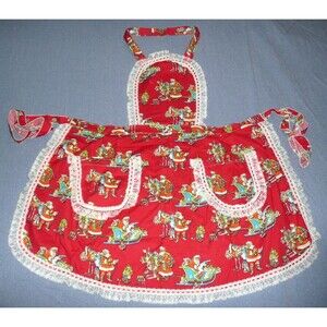 VTG Handmade Christmas Apron Santa with Kangaroo & Ostrich Australian Lace Bib